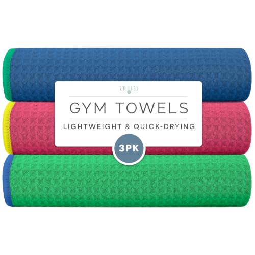 S&T INC. Microfiber Gym Towels, 3 Pack, 16" x 27", Honeycomb Brights | Absorbent and Lightweight, Quick-Dry, Compact for Gym Bag, Yoga and Travel, Machine Washable - color: Honeycomb Brights