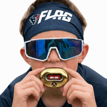 Oral Mart Flag Football Mouth Guard with 3D LipFit Design for Kids - Youth Football Mouthguard (No Boil) Cool Instant Fit Lip Guard Mouthpiece for Braces (Detachable Helmet Strap Included) - color: Gold Chrome