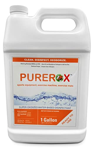 PUREROX Disinfectant. Sports and Fitness. Eliminate 99.9999% MRSA, Bloodborne Pathogens, Viruses, HIV, Bacteria, Athlete Foot Fungus. Anywhere in Gym, Fitness Center. No Residue. Suitable All Surfaces
