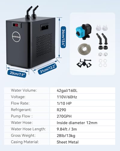 1/10 HP Aquarium Chiller 42 Gallon 160L Water Cooling System | Quiet Compressor Refrigeration, Includes Pump and Tubing, 110V, Ideal for Hydroponics, Axolotl and Reef Tanks