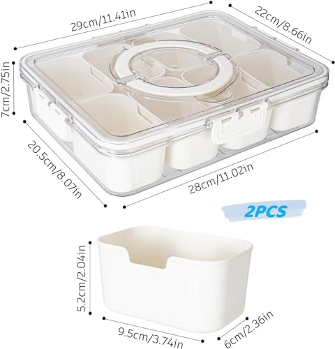 Divided Snack Serving Tray with Lid and Handle Travel Snackle Charcuterie Container Portable Storage Organizer for Candy, Fruits, Nuts, Snacks, Party, Picnic 2 Packs White