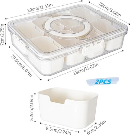 Divided Snack Serving Tray with Lid and Handle Travel Snackle Charcuterie Container Portable Storage Organizer for Candy, Fruits, Nuts, Snacks, Party, Picnic 2 Packs White