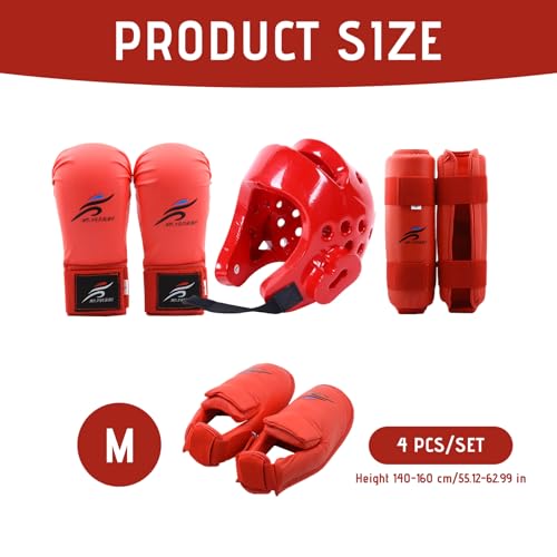 Red Sparring Gear Set, Boxing Headgear Safety Helmet Karate Gloves Karate Shin Guards Boxing Gear Equipment for Beginner Kid Adult Protective Training M