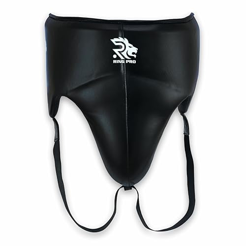 Aura 100 No Foul Boxing Groin Protector with Built-in Cup, Cowhide Leather Groin Guard for Men MMA Muay Thai Kickboxing Sparring Gear, Black/White, S-XL - color: Black, size: Medium