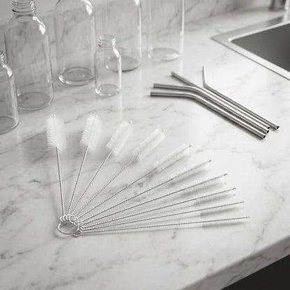 Mini Straw & Pipe Cleaning Nylon Brushes | 10 Brush Set | 8 inch Length | Flexible, Non-Scratch, Rust-Resistant Steel Handle | Reusable Straws, Pipes, Tubes, Mini Bottles etc