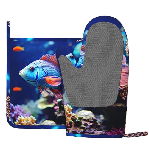 Coral Reef Fish Aquarium Oven Mitts and Pot Holders Sets of 2 Heat Resistant Silicone Oven Gloves Hot Pad Non-Slip Long Oven Mitts Potholders Extra Thicken Kitchen Mittens for Cooking