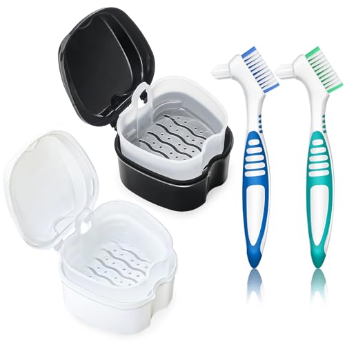 Denture Bath Case Retainer Cleaner Case with Strainer Basket, Denture Cup Dental Retainer Holder Case for Soaking Mouthguard Cleaning Storage Box Case - Black and White - color: Black & White