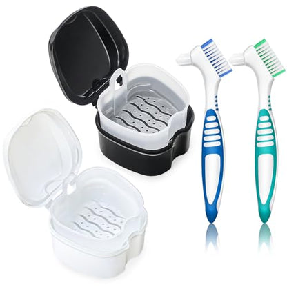 Denture Bath Case Retainer Cleaner Case with Strainer Basket, Denture Cup Dental Retainer Holder Case for Soaking Mouthguard Cleaning Storage Box Case - Black and White - color: Black & White