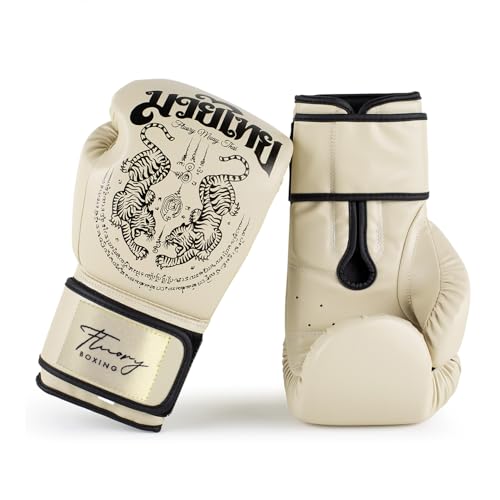Boxing Gloves, Symmetrical Design with Two Tigers, Training Gloves - color: Beige, size: 10-oz