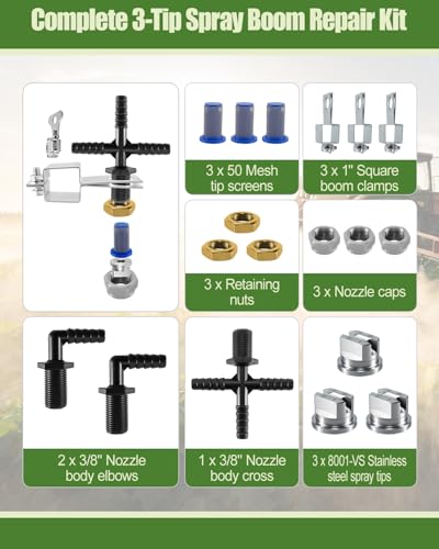 Spray Boom Repair Kit, Sprayer Parts Including 8001-VS Spray Tips, 3/8" Nozzle Body(Cross & Elbow), 50 Mesh Tip Screens and Boom, Nozzle Caps & Retaining Nuts, 1" Square Boom Clamps