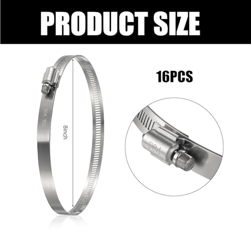 Boao 16 Pieces 8 Inch Adjustable 304 Stainless Steel Duct Clamps Worm Gear Hose Clamp for Pipe, Intercooler, Plumbing, Tube and Fuel Line