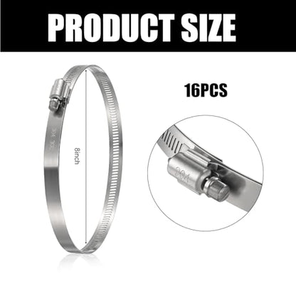 Boao 16 Pieces 8 Inch Adjustable 304 Stainless Steel Duct Clamps Worm Gear Hose Clamp for Pipe, Intercooler, Plumbing, Tube and Fuel Line
