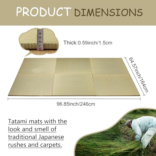 HAGiHARA Igusa Tatami Mat, 6 Pieces Foldable Rush Grass Floor Mats | Breathable Igusa Surface Helps Create a Cool and Natural Floor Space - size: 6pieces