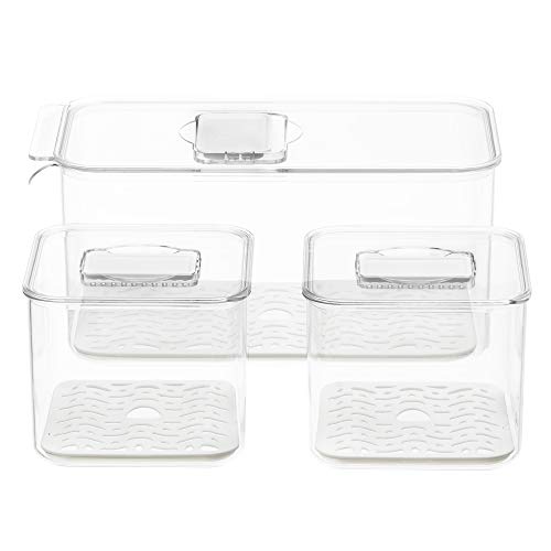 Fridge Produce Saver Food Storage Bin Containers, Stackable Refrigerator Freezer Organizer Fresh Keeper Container with Vented Lids, 3 Pack