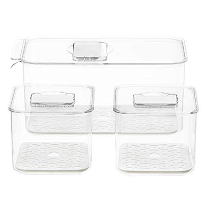 Fridge Produce Saver Food Storage Bin Containers, Stackable Refrigerator Freezer Organizer Fresh Keeper Container with Vented Lids, 3 Pack