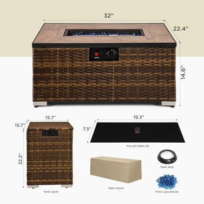2-Piece Outdoor Propane Fire Pit Table w/Tank Holder, 32inch Handmade Rattan Wicker Firepit Ceramic Tabletop with Steel Lid 40,000 BTU Rectangle Fire Table Set for Patio, Deck, Backyard (Brown) - size: 32"