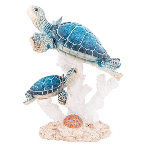 Sea Turtle Decor Figurine Blue Turtles Swimming on Coral Reef Base Beach House Coastal Decor - color: Coral Reef Blue