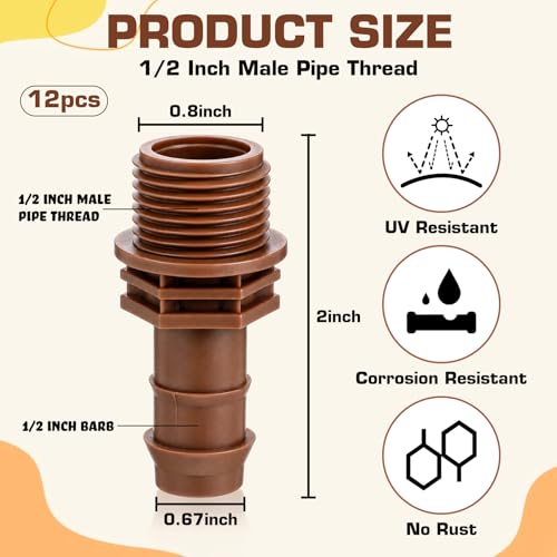 12 Pcs 1/2" Thread to 1/2" Coupling PVC to Drip Irrigation Adapter Fittings, 1/2" Male Pipe Thread(MPT) x 1/2" Barbed Drip Line Coupling Connectors - size: 1/2" Thread to 1/2" Coupling