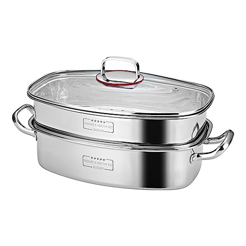 2-Tier Stainless Steel Fish Steamer - Multi-Use Square Steaming Cookware with Rack, Ceramic Plate, Chuck, Oven Mitts - Stockpot for Steaming Fish, Boiling Soup