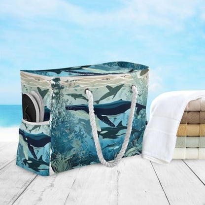 senya Large Beach Bags Totes Canvas Tote Shoulder Bag Soft Wave Water Resistant Bags for Gym Travel Daily Ocean - color: Marine Killer Whale