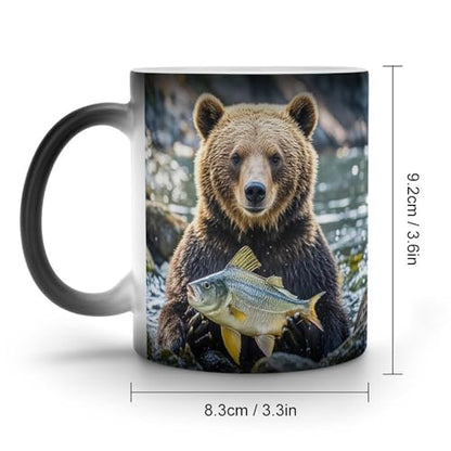 Color Changing Coffee Tea Bear Holding Fish Mug 11 Oz Heat Changing Ceramic Cup Novelty Black Heat Sensitive Mug Funny Morphing Milk Cup Personalized Gift for Men Women
