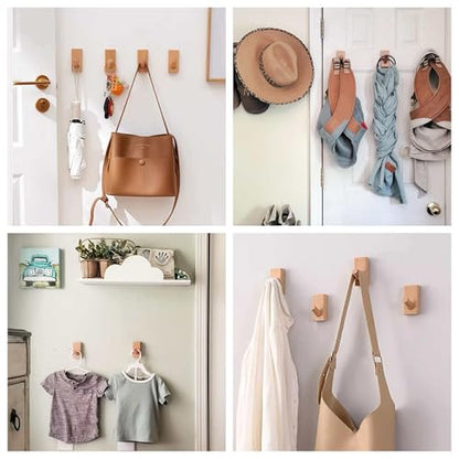 HomeDo Adhesive Wood Wall Hooks, Decorative Coat Hooks Hat Rack, Beech 4P - color: Rectangle-Beech