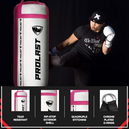 4Ft XL 135Lb Heavy Punching Kicking Bag for Adults, Boxing, MMA, Martial Arts, Muay Thai, Strength Training Equipment - color: White / Pink, size: Filled