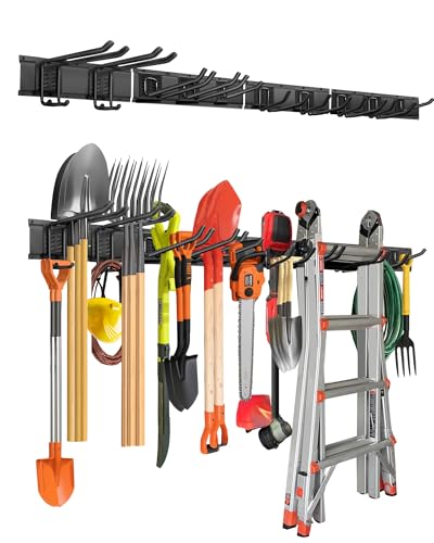 PIYILO 64 in Garage Tool Organizer Wall Mount, Adjustable Tool Storage Rack | Heavy-duty 510 LBS, 10 Hooks in 4 Types, Wear & Tear Resistant, Soft Anti-Scratch Hook Sleeves, For Yard Tools, Shovels, Shed - size: 64 inch 10-Hook