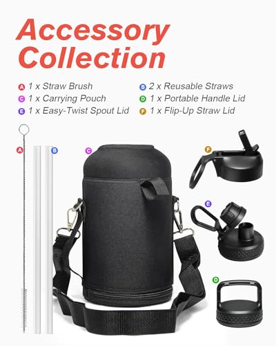 Coolflask Half Gallon Water Bottle Insulated with Straw & 3 Leakproof Lids - color: Magic Black, size: 64 Ounces