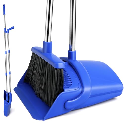 Broom and Dustpan Set, Long Handle Lightweight Dustpans with Broom Combo for Home, Indoor&Outdoor Sweeping for Home Room Kitchen Office Lobby (Dark Blue) - color: Dark Blue
