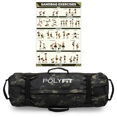 Polyfit Classic Sandbag - Workout Sandbag with 8 Gripping Handles - color: BLACK CAMO, size: Small (10-50lbs)