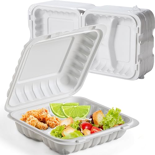 7.8" 30oz 3 Compartment Food Containers - Shrink Wrap Ready to Use | 65 Pack Mineral Filled PP Clamshell | BPA Free Freezer Microwave Safe | Reusable White Lunch Box for Leftovers, Take Out - size: 7.8 inch 30 oz