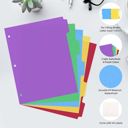 3 Set Dividers for 3 Ring Binders,5 TAB Binder Dividers,Plastic, Multicolor Binder separators with tabs
