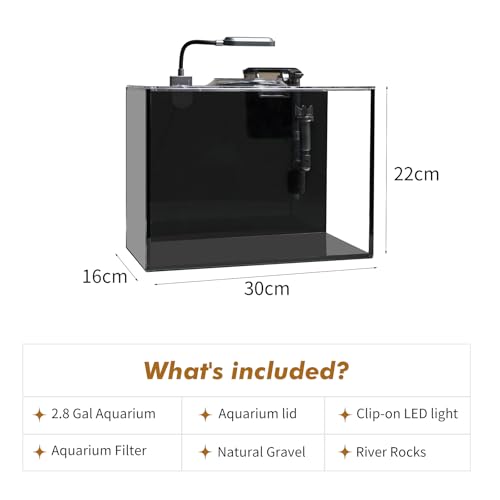 Glass Fish Tank, 2.8 Gallon Betta Fish Tank Aquarium Starter Kit with Filter and Light, Small Desktop Aquarium Kit for Betta, Goldfish, Small Fish or shrimg