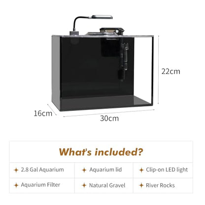 Glass Fish Tank, 2.8 Gallon Betta Fish Tank Aquarium Starter Kit with Filter and Light, Small Desktop Aquarium Kit for Betta, Goldfish, Small Fish or shrimg