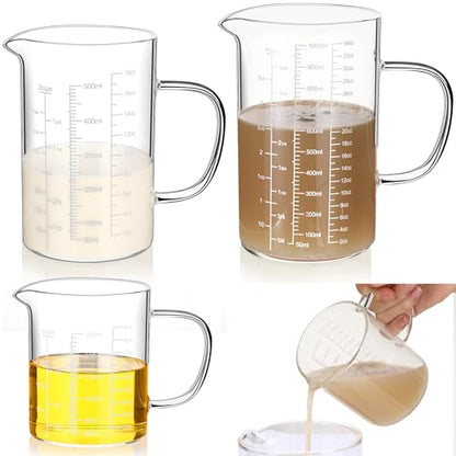 3 Pack High Borosilicate Glass Measuring Cups Set with Handle V Shaped Spout, 4, 2, 1 Cup 3 Scales (Oz, Cup, Ml) for Kitchen Restaurant Baking Cooking, Easy to Read, Clear(White Scale)