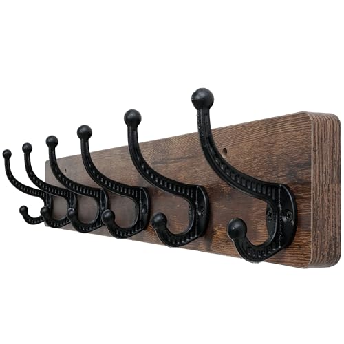 WEBI Rustic Coat Rack Wall Mount,24" Long 6 Cast Iron Coat Hooks Wall Mounted,Heavy Duty Wood Wall Coat Hanger Hooks for Hanging Coats,Jacket,Clothes,Backpack,Farmhouse,Rustic Brown - color: Rustic Brown, size: 24 Inch