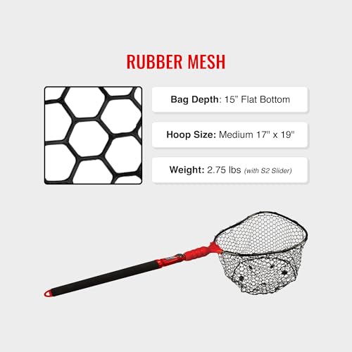 EGO S2 Slider Fishing Net Handle | Adjustable Extension Handle, Minimal Water Drag Design, Ergonomic Foam Grip for Landing Nets - size: 29" - 60" x 17" - 19", style: Lightweight Non-tangle Rubber Mesh