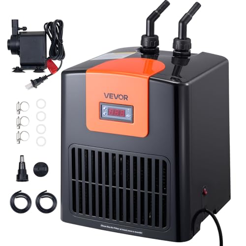 VEVOR Aquarium Chiller 52 Gallon, 1/10 HP Water Chiller for Hydroponics, Fast Cooling for Fish Tank,Axolotl,Coral Reef,Quiet Refrigeration Compressor, Titanium Evaporator,Complete Fittings - size: 1/10HP - Upgrade
