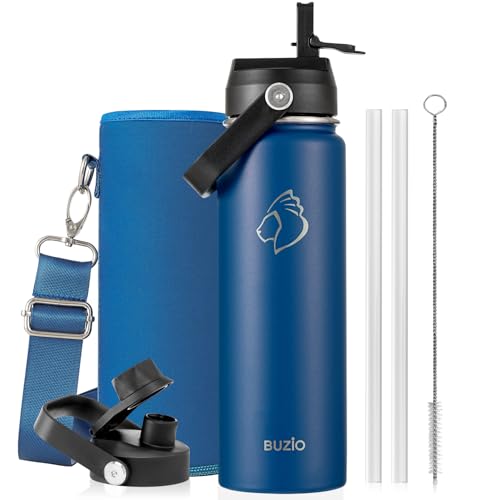 BUZIO 24 oz Insulated Stainless Steel Water Bottle with Straw & Spout Lids | Triple Wall Insulated Tumbler (Dishwasher Safe), Cold for 48 Hrs, Wide Mouth, Leakproof, BPA-Free, for Sports, Gym, School - color: Blue, size: 24 Ounces