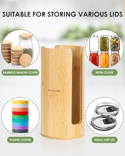 HAYVAN 2 Pack Mason Jar Lid Organizer - Bamboo Canning & Tumbler Lid Holder, Vertical Space Saving Storage for Kitchen & Home, Includes Brush & Stickers