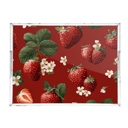 Acrylic Tray Clear Serving Vanity Ottoman Bathroom Coffee Table Countertop Organizer Raised Edge Spill Proof Red Strawberries and White Flowers - color: Red Strawberries and White Flowers