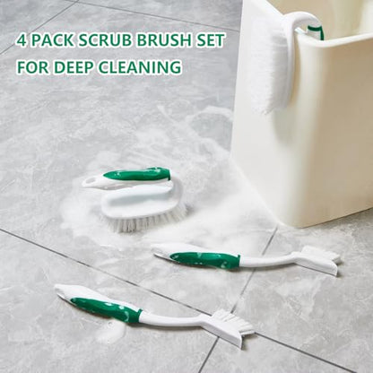 Scrub Brush Set, 4 Pack Deep Cleaning Brush Kit - 2 Scrub Brush, 2 Tile & Grout Brush with Built-in Scraper, Household Commercial Scrubber for Floor, Shower, Pool Wall, Tub (Green)