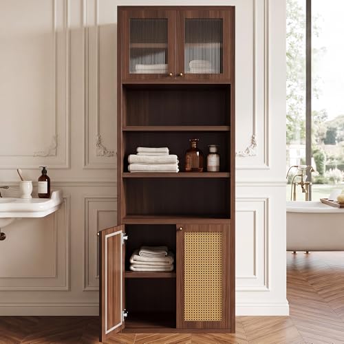 71" Tall Narrow Bathroom Storage Cabinet with Rattan Doors Walnut | 71" tall narrow freestanding cabinet, rattan doors with acrylic panels, high density MDF adjustable shelves, walnut - color: Walnut, size: C