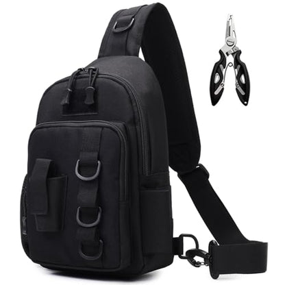 Fishing Sling Bag - Small Fishing Tackle Storage Bags with Rod Holder((Black)