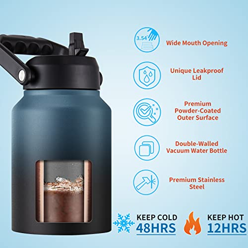 EALGRO Gallon Insulated Water Bottle Jug with Straw, 128 oz Large Stainless Steel Sports Metal Water Canteen With Handle, Thermal Water Cup Mug with 2 Lids, Army Green