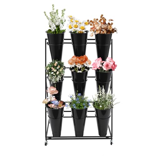 Flower Display Stand with 9 Buckets, 3 Layers, Indoor/Outdoor Flower Shelf for Patio, Living Room, Florist, Black - style: 3 Layers 9 Buckets Black