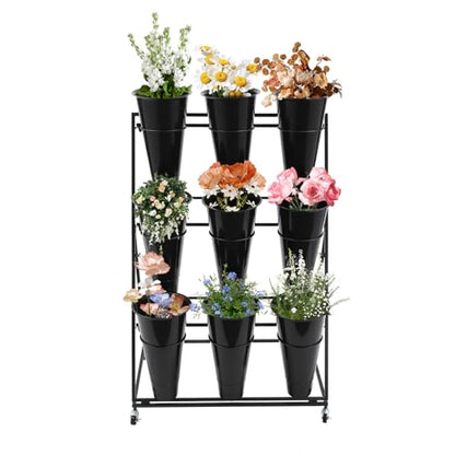 Flower Display Stand with 9 Buckets, 3 Layers, Indoor/Outdoor Flower Shelf for Patio, Living Room, Florist, Black - style: 3 Layers 9 Buckets Black