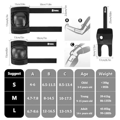 Tanden Skate Protective Gear Adult Knee Pads and Elbow Pads Set Wrist Guard - color: Black, size: Youth (9-15 years)