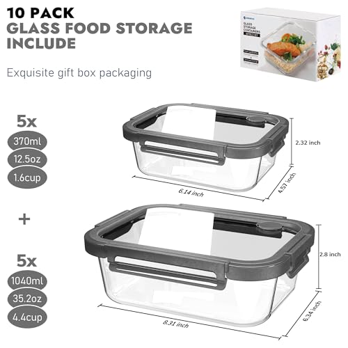 10-Pack Glass Food Storage Containers with Tempered Lids – Borosilicate, Airtight, Oven-Safe (-4°F~950°F), BPA-Free, 4.4 & 1.6 Cup, Leak-Proof, Dishwasher Safe (Gray)